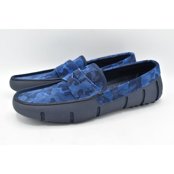 SWIMS Men Size 10 Luxe Navy Blue Camo Camouflage Driver Shoe Penny Loafers - Picture 2 of 11
